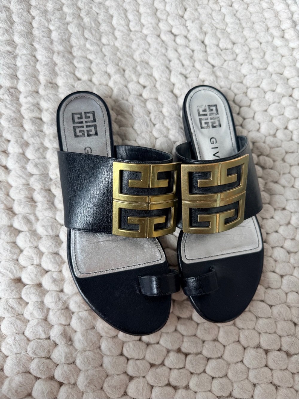 Givenchy Black Leather Sandals with Gold Greek Motif